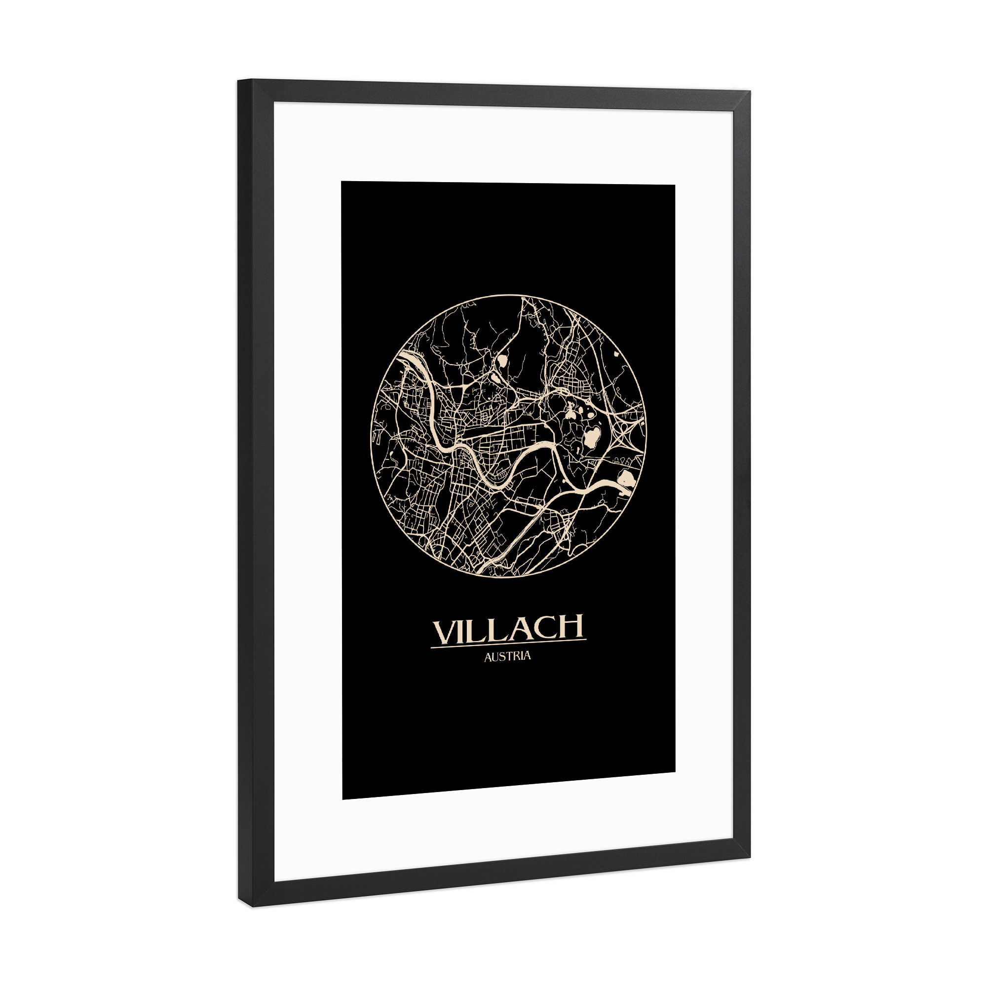 Poster mit Rahmen Schwarz (Metallic) "Retro Map Villach Round" artboxONE - Städte,Reise,Städte / Weitere,Kartografie - Retro,Map,Villach,Austria