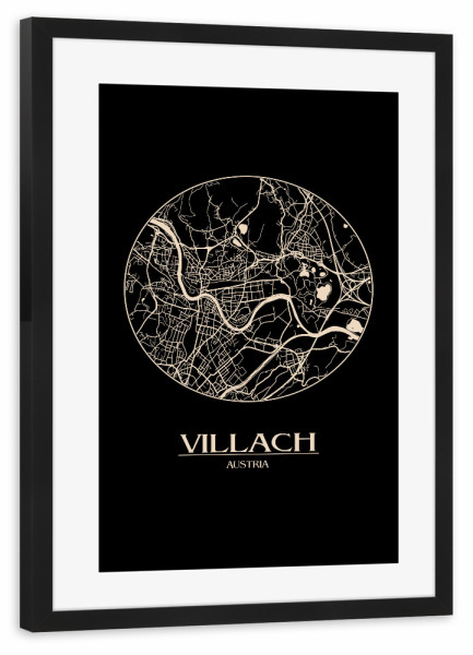 Poster mit Rahmen schwarz "Retro Map Villach Round" artboxONE - Städte,Reise,Städte / Weitere,Kartografie - Retro,Map,Villach,Austria