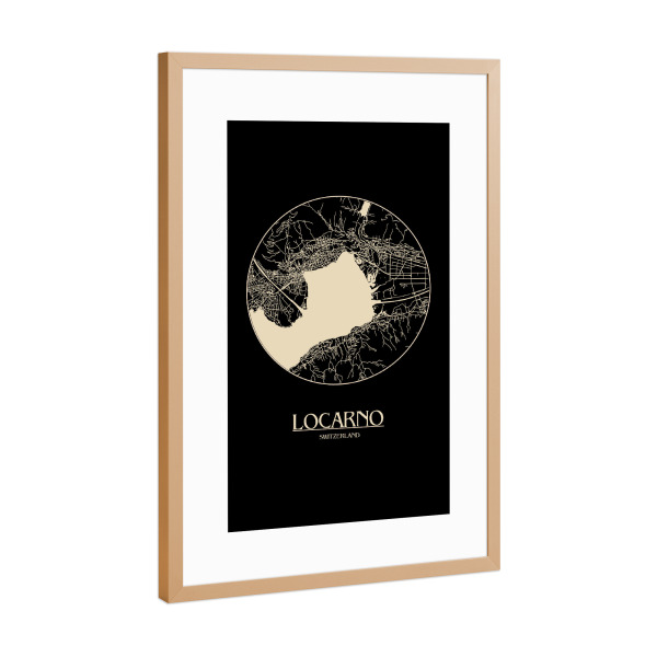 Poster mit Rahmen Kupfer "Retro Map Locarno Black Round" artboxONE - Städte,Reise,Städte / Weitere,Kartografie