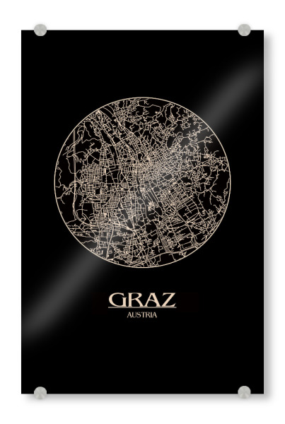 Acrylglasbild "Retro Map Graz Black Round" artboxONE - Städte,Reise,Städte / Weitere,Kartografie - Retro,Map,Graz,Austria,Vintage,Black