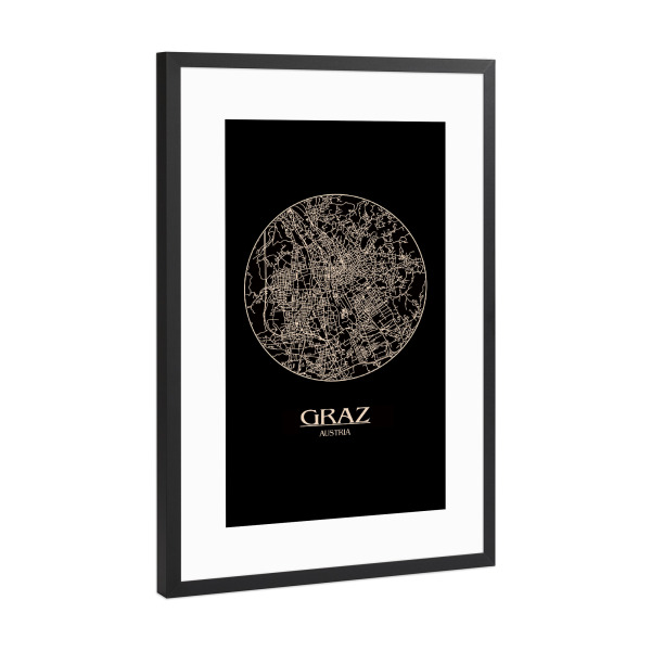 Poster mit Rahmen Schwarz (Metallic) "Retro Map Graz Black Round" artboxONE - Städte,Reise,Städte / Weitere,Kartografie