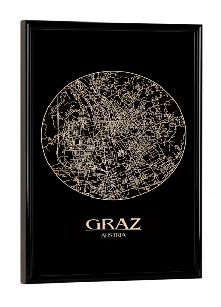Poster mit schwarzem Rahmen "Retro Map Graz Black Round" artboxONE - Städte,Reise,Städte / Weitere,Kartografie - Retro,Map,Graz,Austria,Vintage,Black