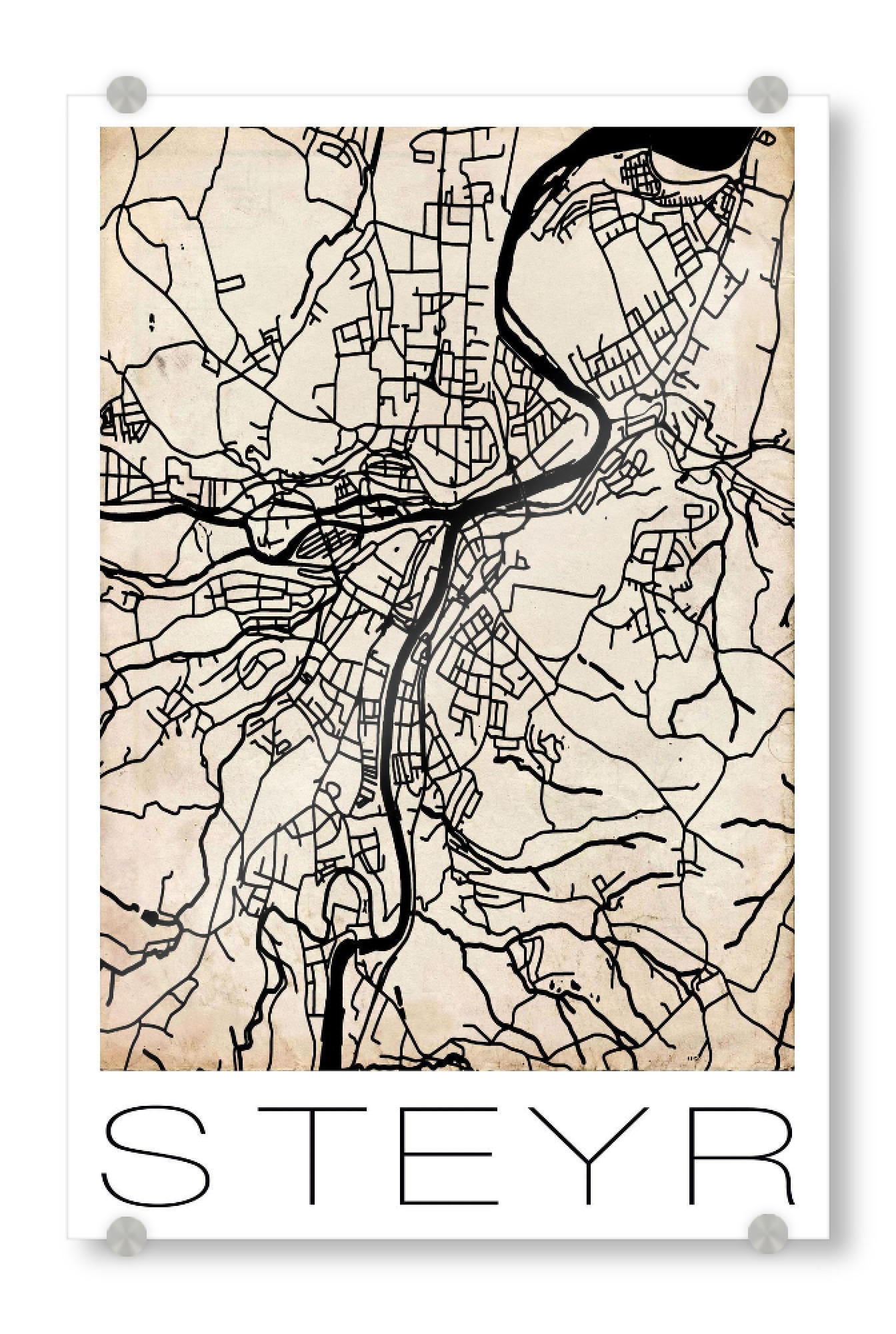 Acrylglasbild "Retro Map Steyr Vintage" artboxONE - Städte,Reise,Städte / Weitere,Kartografie - Retro,Map,Steyr,Austria