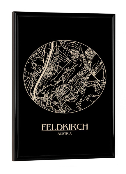 Poster mit schwarzem Rahmen "Retro Map Feldkirch Black Vintage" artboxONE - Städte,Reise,Städte / Weitere,Kartografie