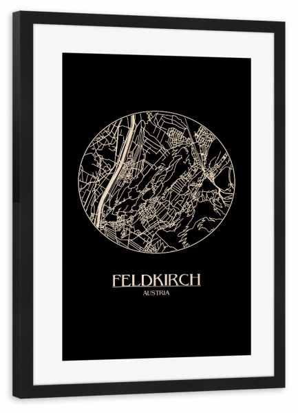 Poster mit Rahmen schwarz "Retro Map Feldkirch Black Vintage" artboxONE - Städte,Reise,Städte / Weitere,Kartografie