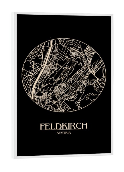 Poster mit weißem Rahmen "Retro Map Feldkirch Black Vintage" artboxONE - Städte,Reise,Städte / Weitere,Kartografie
