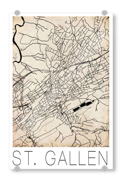 Acrylglasbild "Retro Map St. Gallen Vintage" artboxONE - Städte,Reise,Städte / Weitere,Kartografie - Retro,Map,Vintage,St. gallen,Switzerland,Black