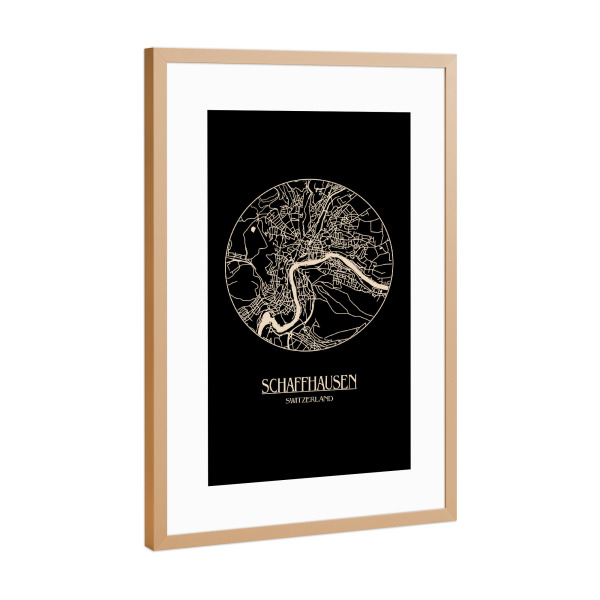 Poster mit Rahmen Kupfer "Retro Map Schaffhausen Black Round" artboxONE - Städte,Reise,Städte / Weitere,Kartografie