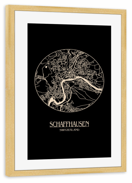 Poster mit Rahmen kiefer "Retro Map Schaffhausen Black Round" artboxONE - Städte,Reise,Städte / Weitere,Kartografie