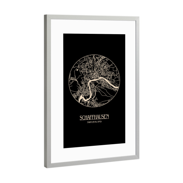 Poster mit Rahmen Silber "Retro Map Schaffhausen Black Round" artboxONE - Städte,Reise,Städte / Weitere,Kartografie