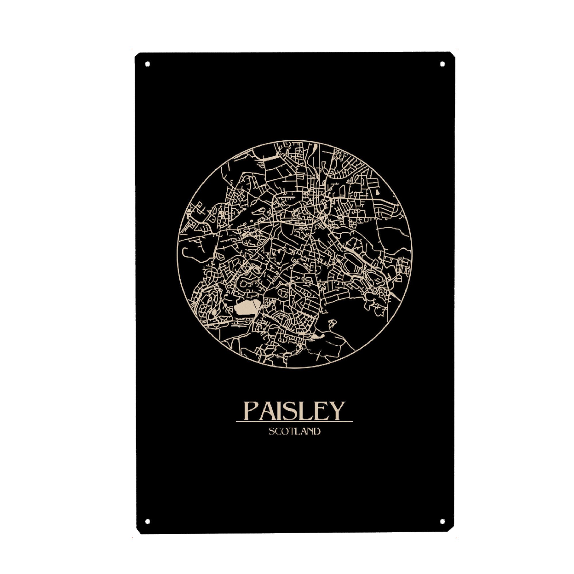 Metall Poster "Retro Map Paisley Black Round" artboxONE - Städte,Reise,Städte / Weitere,Kartografie - Retro,Map,Paisley,Scotland,Vintage,Black