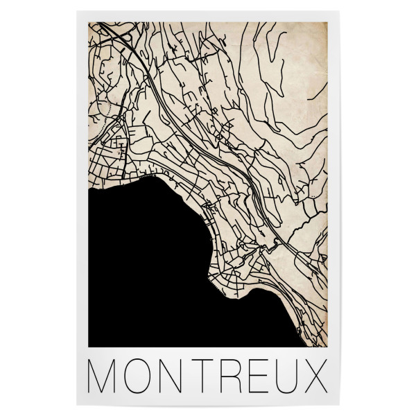 Poster "Retro Map Montreux Vintage" artboxONE - Städte,Reise,Städte / Weitere,Kartografie - Retro,Map,Montreux,Switzerland,Vintage,Black