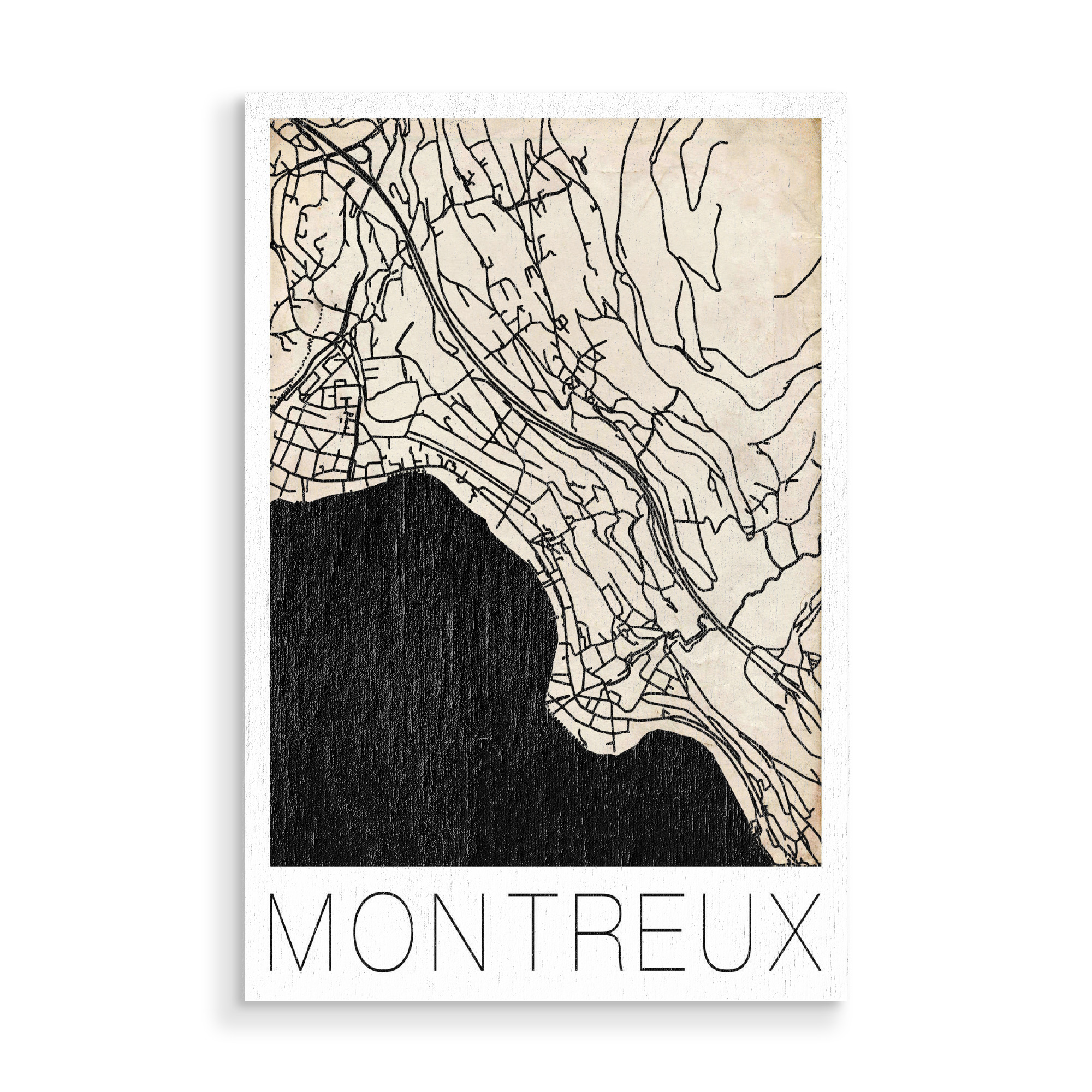 Holzbild "Retro Map Montreux Vintage" artboxONE - Städte,Reise,Städte / Weitere,Kartografie - Retro,Map,Montreux,Switzerland,Vintage,Black