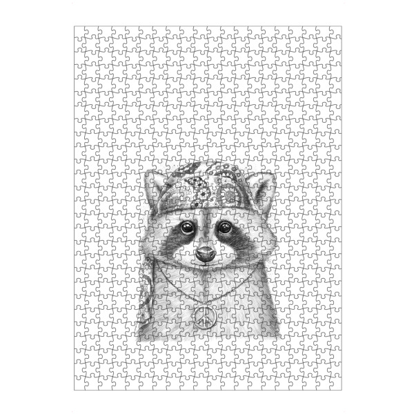 Puzzle Ravensburger "Raccoon hippie" artboxONE - Tiere,Schwarzweiß - Waschbären,Waschbären,Tier,Tiere,Natur,Hippie,Mode,Liebe,Böhmisch,Hut,Frieden