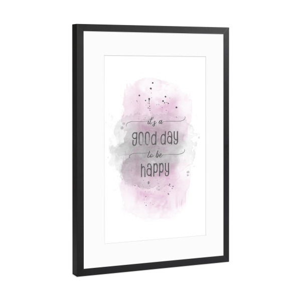 Poster mit Rahmen Schwarz (Metallic) "Glücklich | Aquarell rosa" artboxONE - Typografie - Spruch,Happy,Motivationsspruch