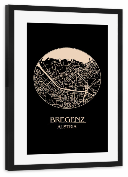 Poster mit Rahmen schwarz "Retro Map Bregenz Round" artboxONE - Städte,Reise,Städte / Weitere,Kartografie - Retro,Map,Bregenz,Austria,Circle map,Black