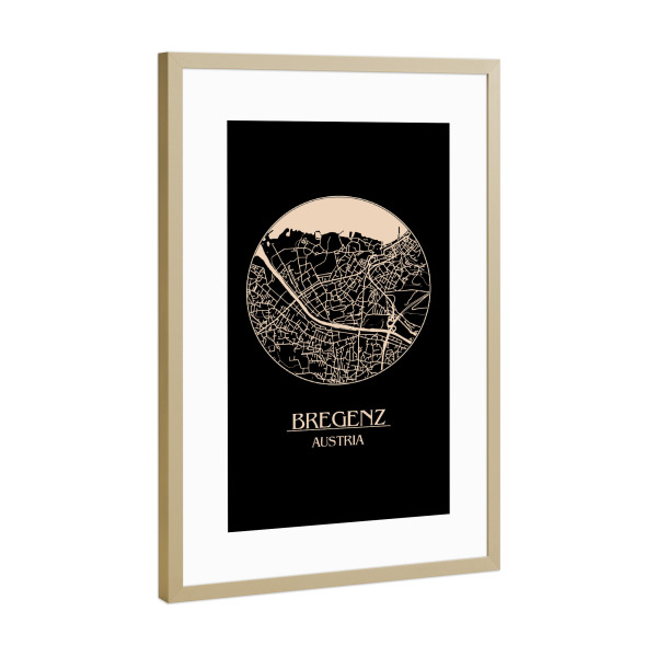 Poster mit Rahmen Gold "Retro Map Bregenz Round" artboxONE - Städte,Reise,Städte / Weitere,Kartografie - Retro,Map,Bregenz,Austria,Circle map,Black