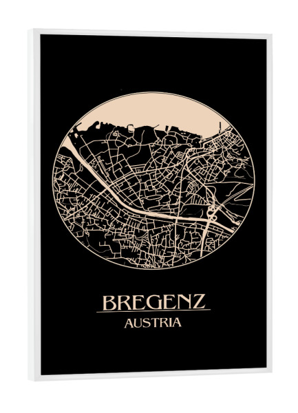 Poster mit weißem Rahmen "Retro Map Bregenz Round" artboxONE - Städte,Reise,Städte / Weitere,Kartografie - Retro,Map,Bregenz,Austria,Circle map,Black