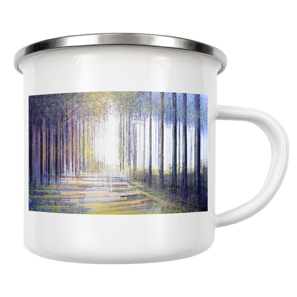 Emaille Tasse "Baumgrenze im Morgengrauen" artboxONE - Natur,Abstrakt - Abstrakt,Natur,Malerei,Gelb,Lila,Schwarz,Pfade,Wald,Bäume