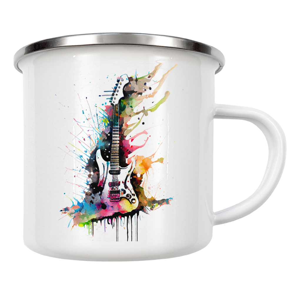 Emaille Tasse "Bunte Aquarellgitarre" artboxONE - Abstrakt,Musik - Musik,Gitarre,Splatter,Tropfen,Bunt,Mehrfarbig,Instrumente