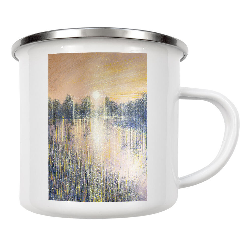 Emaille Tasse "Pfirsichsonnenuntergang am Fluss" artboxONE - Natur,Abstrakt - Sonnenuntergang,Sonnenaufgang,Wasserstraße,Natur,Wasser,Bäume,Gras