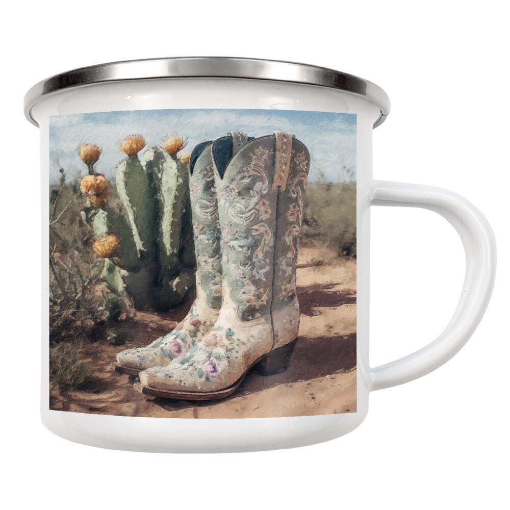 Emaille Tasse "Cowgirl-Stiefel C" artboxONE - Natur,Floral,Fashion - Cowgirl,Western,Wüste,Stiefel,Mode,Kaktus,Blumen,Landschaft