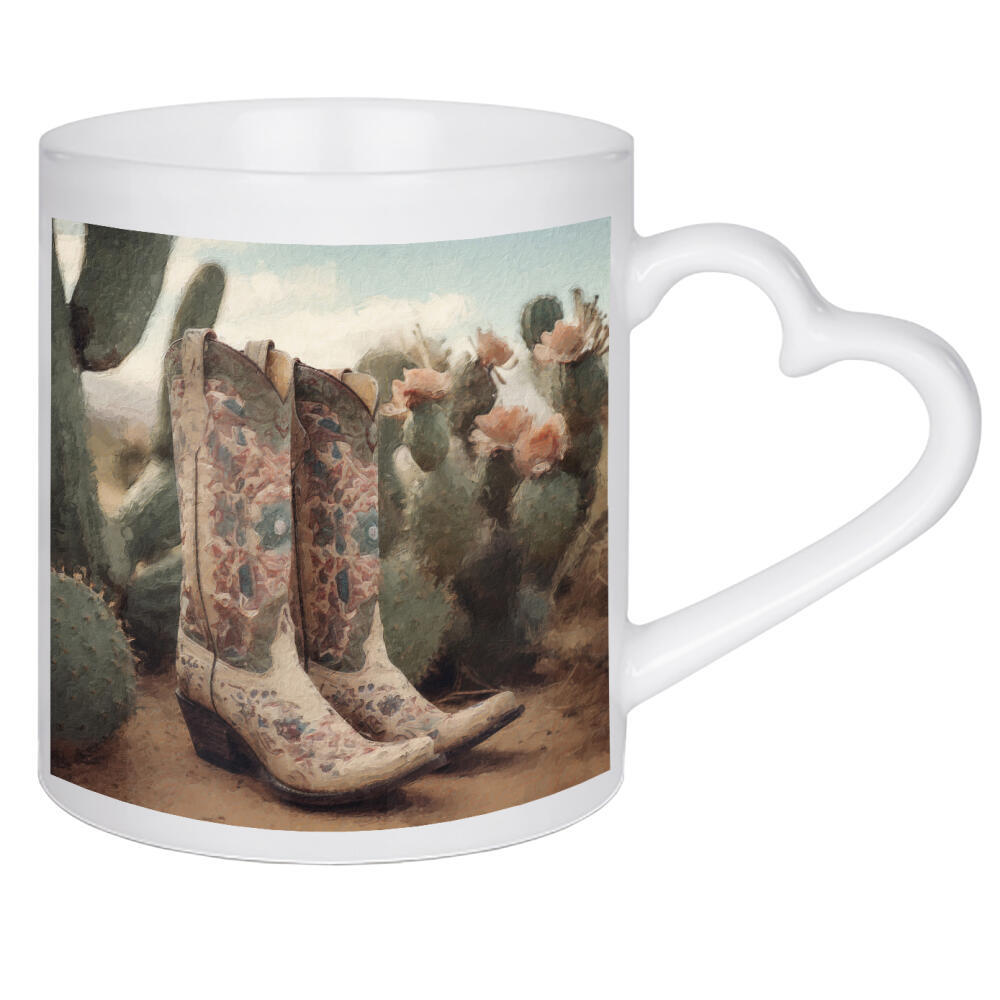 Herztasse "Cowgirl-Stiefel H" artboxONE - Natur,Floral,Fashion - Kaktus,Blumen,Blume,Wüste,Landschaft,Cowgirl,Stiefel,Mode