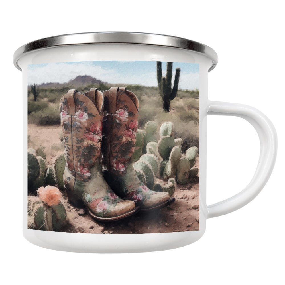 Emaille Tasse "Cowgirl-Stiefel I" artboxONE - Natur,Floral,Fashion - Wüste,Landschaft,Blumen,Blume,Kaktus,Berge,Mode,Cowgirl,Stiefel,Western