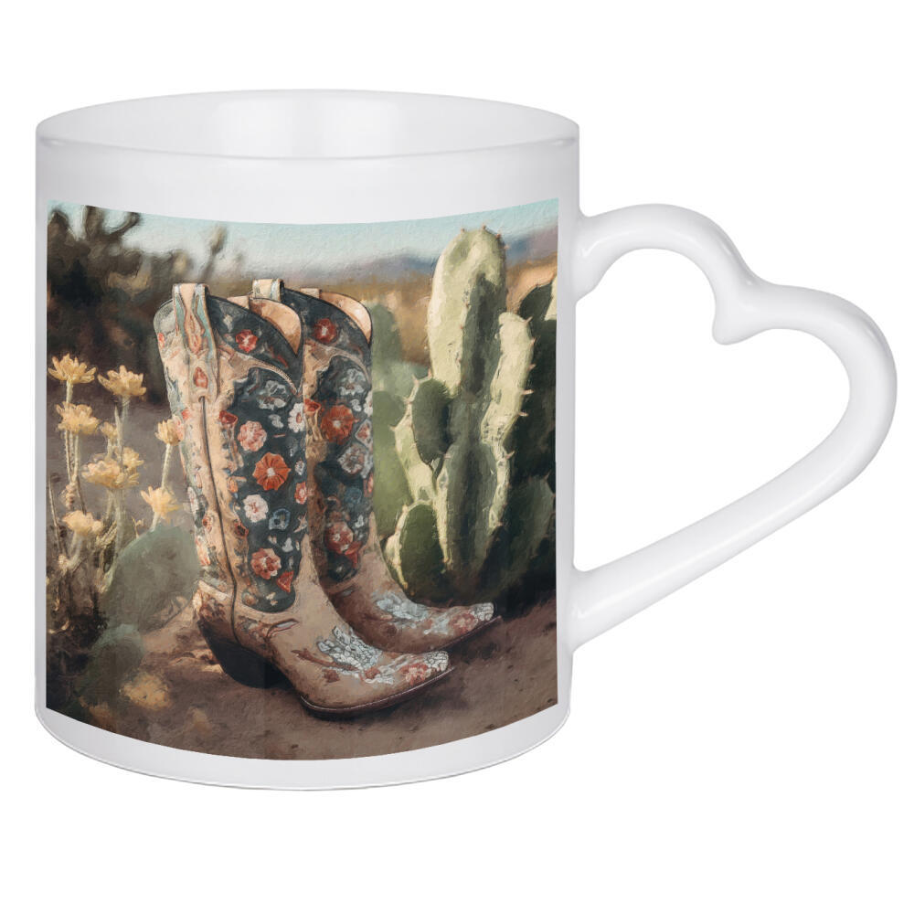 Herztasse "Cowgirl-Stiefel J" artboxONE - Natur,Floral,Fashion - Wüste,Landschaft,Western,Mode,Kaktus,Blumen,Blume,Cowgirl,Stiefel