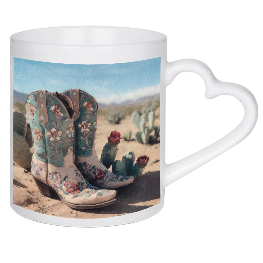 Herztasse "Cowgirl-Stiefel L" artboxONE - Natur,Floral,Fashion - Wüste,Landschaft,Kaktus,Blumen,Blume,Western,Cowgirl,Stiefel,Mode