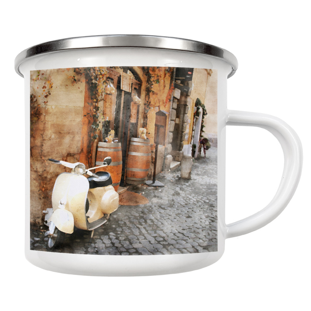 Emaille Tasse "Weißes Moped" artboxONE - Städte,Architektur,Automobile - Reisen,Fahrzeuge,Moped,Weiß,Gasse,Straßenansicht,Stadt