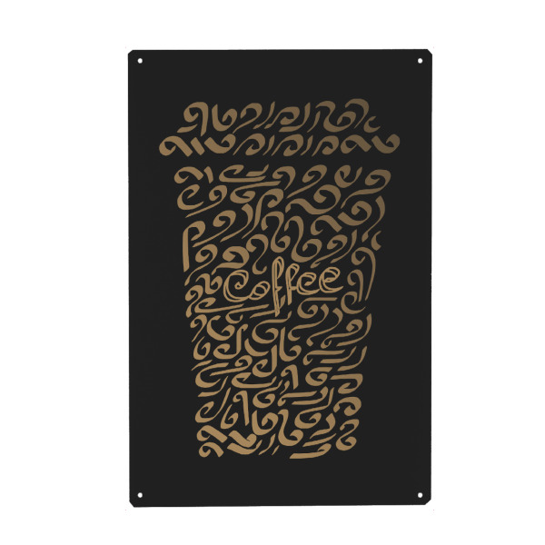 Holzbild "Coffee - Calligraphy" artboxONE - Typografie,Essen & Trinken - Coffee,Drink,Beverage,Typography,Cup,Mug,Lettering,Handwritten,Gold,Black