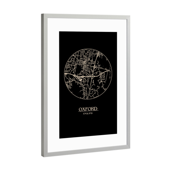 Poster mit Rahmen Silber "A Retro Map of Oxford Round" artboxONE - Städte,Städte / Weitere,Kartografie - Retro,Map,Oxford,England