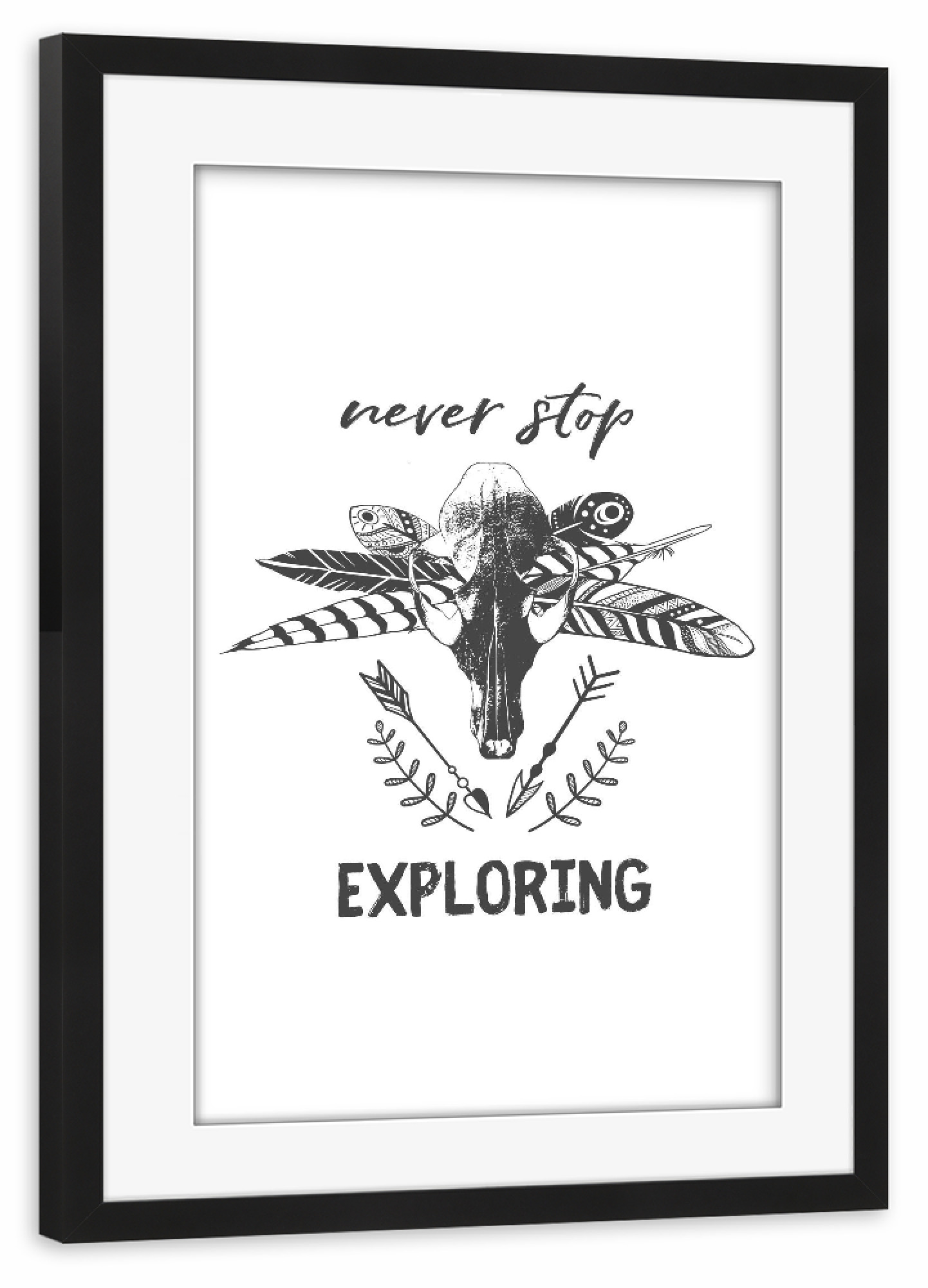 Poster mit Rahmen schwarz "Never Stop Exploring Quote" artboxONE - Natur,Menschen,Schwarzweiß,Sport / Motivation