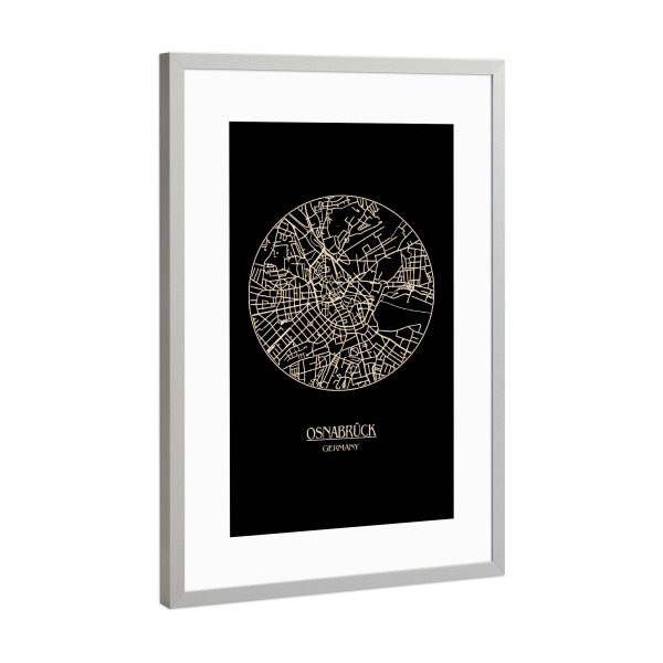 Poster mit Rahmen Silber "Retro Map Osnabrück Black Round" artboxONE - Städte,Schwarzweiß,Kartografie - Retro,Map,Osnabrück