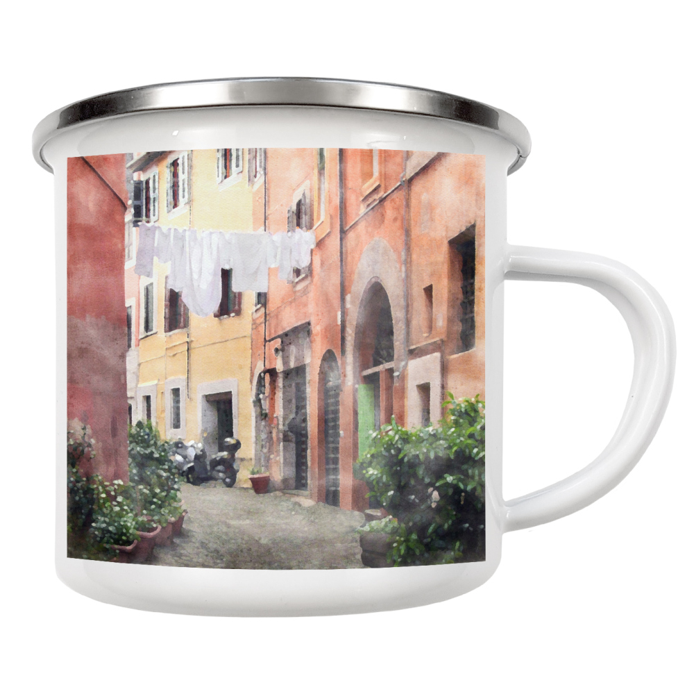 Emaille Tasse "Italienische Straßenansicht" artboxONE - Städte,Reise,Architektur - Straßenansicht,Gasse,Italien,Zuhause,Wäscherei,Architektur