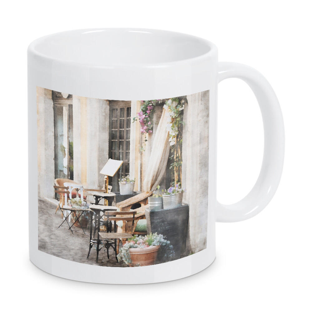 Tasse "Sitzende Stühle" artboxONE - Städte,Floral,Essen & Trinken,Architektur - Blumen,Entspannen,Café,Blick auf die straße,Straße,Gasse,Essen