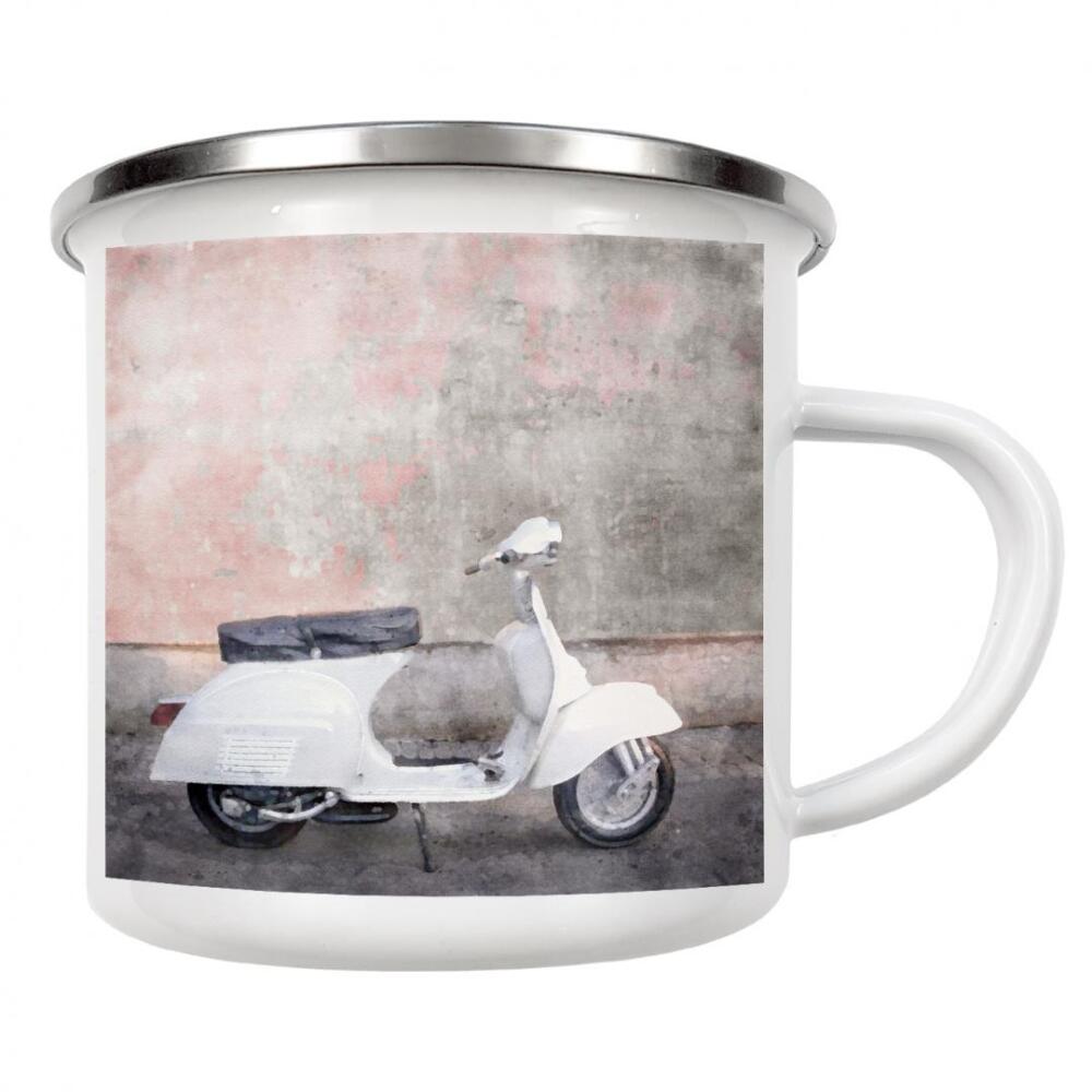 Emaille Tasse "Weiches weißes Moped" artboxONE - Städte,Architektur,Städte / Paris,Automobile - Moped,Reisen,Paris,Rosa,Straßenansicht,Straße,Stadt