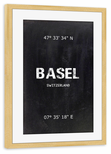 Poster mit Rahmen kiefer "Basel Wall Art" artboxONE - Städte,Reise,Schwarzweiß - Basel,Switzerland,Tafel,Retro