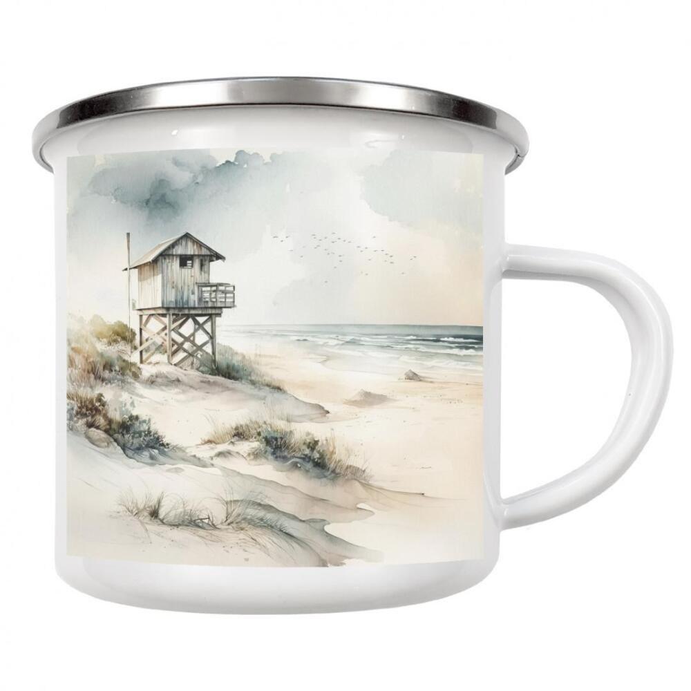 Emaille Tasse "Strandhütte A" artboxONE - Architektur,Reise / Strand und Meer - Strand,Hütte,Architektur,Meer,Ufer,Ozean,Küste,Sand,Wellen,Aquarell