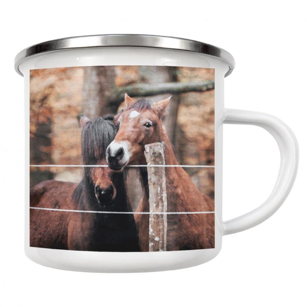 Emaille Tasse "Braune Pferde" artboxONE - Natur,Tiere - Tiere,Pferde,Natur,Bäume,Wald,Zaun