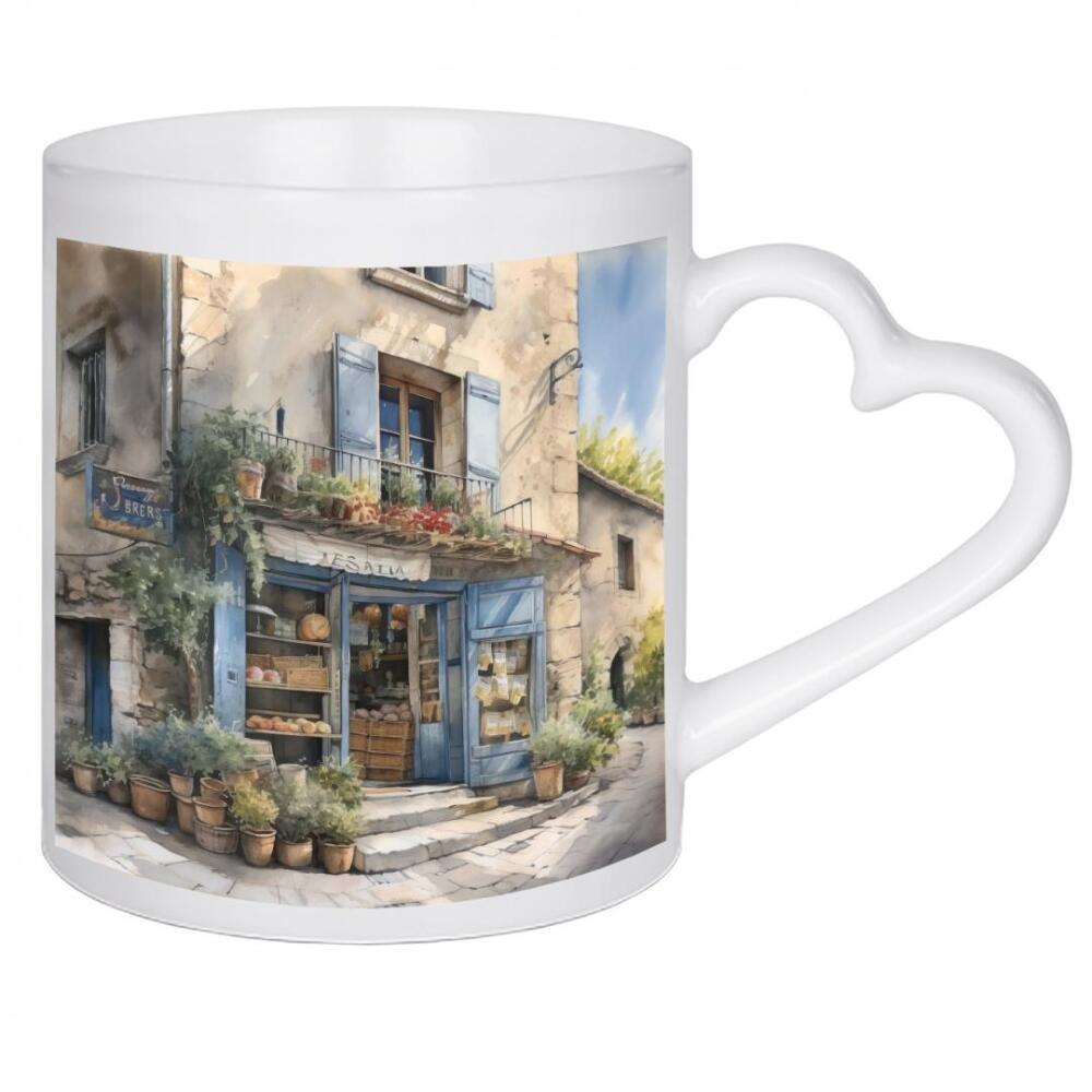 Herztasse "Blauer Dorfladen" artboxONE - Architektur - Dorf,Blau,Geschäft,Architektur,Pflanzen