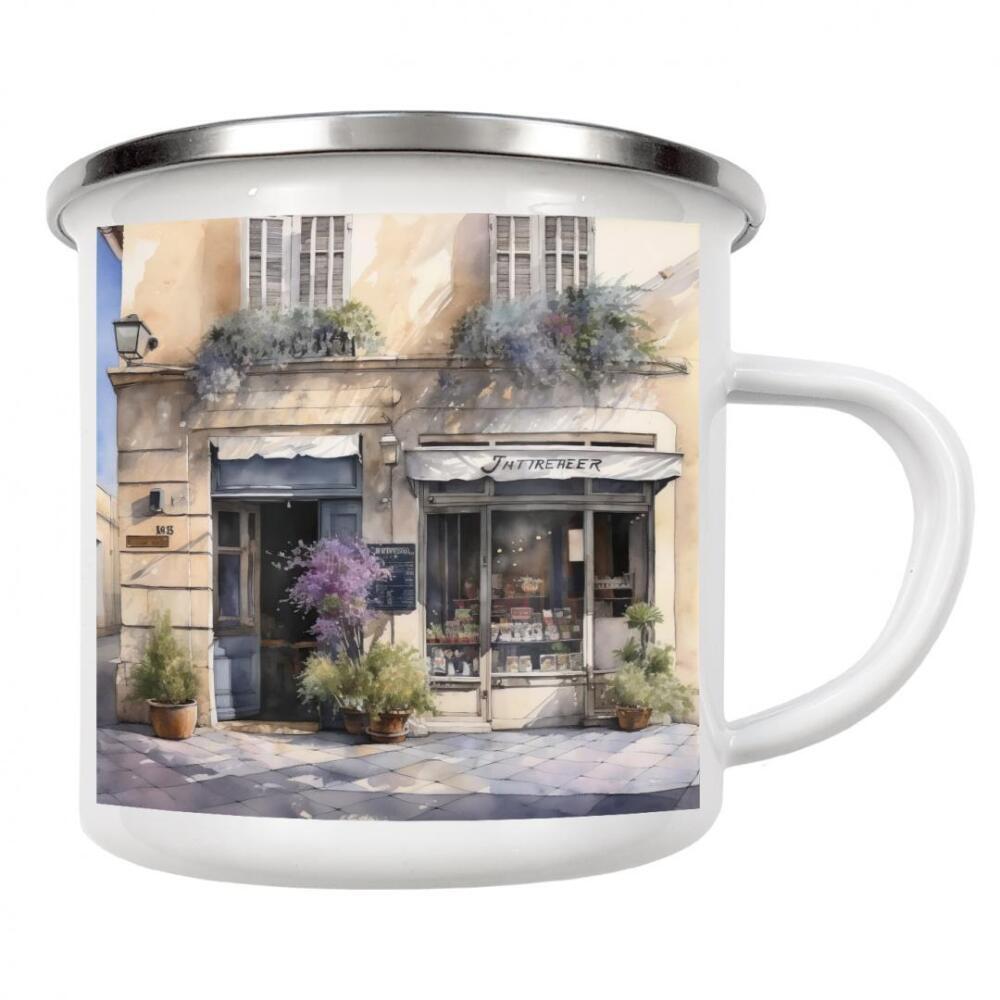 Emaille Tasse "Dorfbuchladen" artboxONE - Architektur - Dorf,Bücher,Lesen,Geschäfte,Architektur,Blumen,Natur,Pflanzen,Bäume