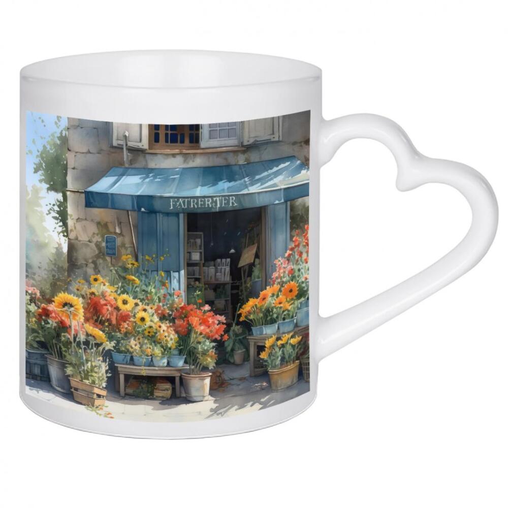 Herztasse "Dorfblumenladen A" artboxONE - Floral,Architektur - Blumen,Blumen,Geschäfte,Blumenladen,Ladenfront