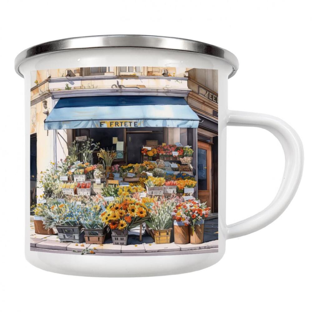 Emaille Tasse "Dorfblumenladen B" artboxONE - Floral,Architektur - Blumen,Blumen,Geschäfte,Ladenfront,Blumenladen,Architektur
