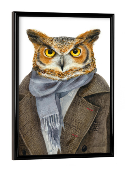 Poster mit schwarzem Rahmen "Eule in einem Mantel" artboxONE - Tiere - Eule,Tier,Vogel,Mantel