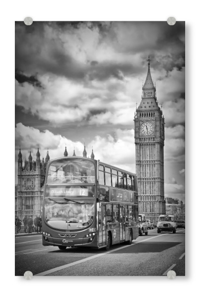 Acrylglasbild "LONDON Typische Straßenszene" artboxONE - Städte / London,Schwarzweiß - Big ben,Bus,Westminster