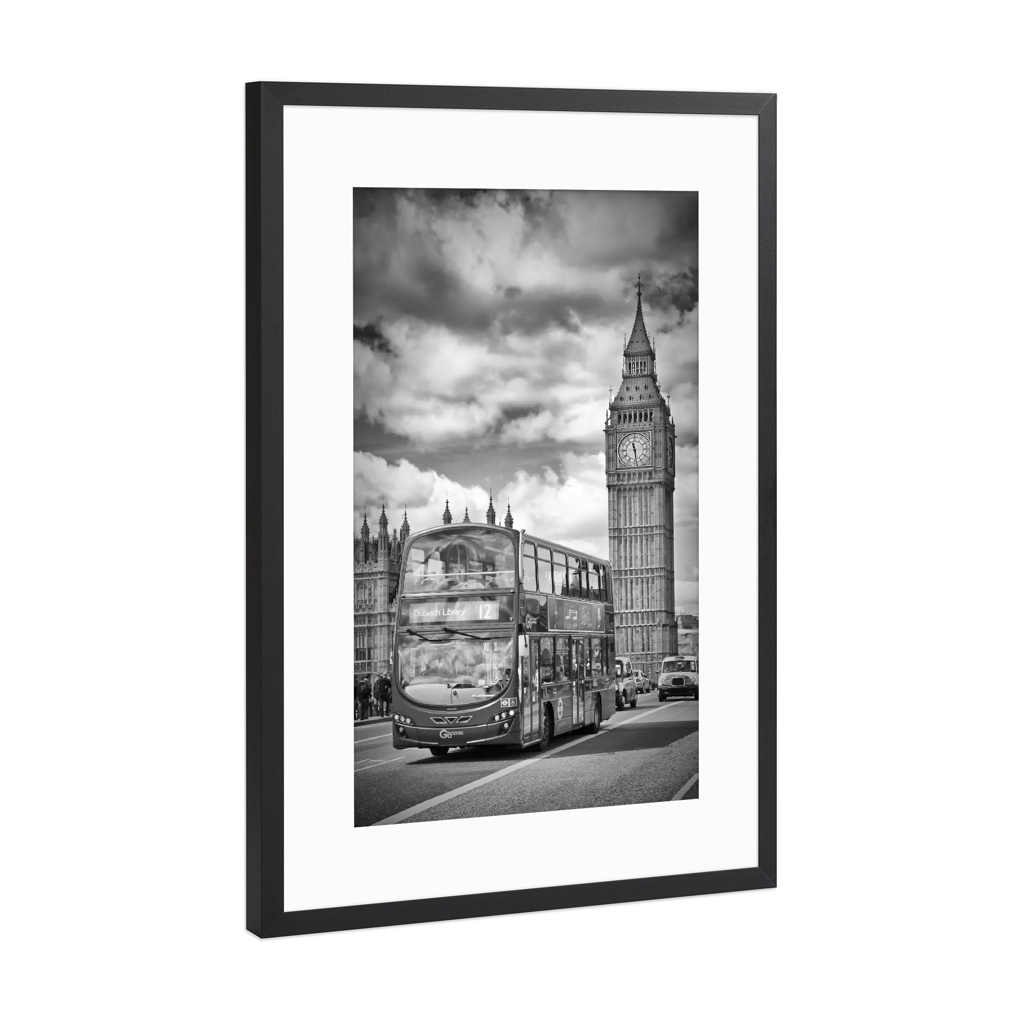 Poster mit Rahmen Schwarz (Metallic) "LONDON Typische Straßenszene" artboxONE - Städte / London,Schwarzweiß - Big ben,Bus,Westminster