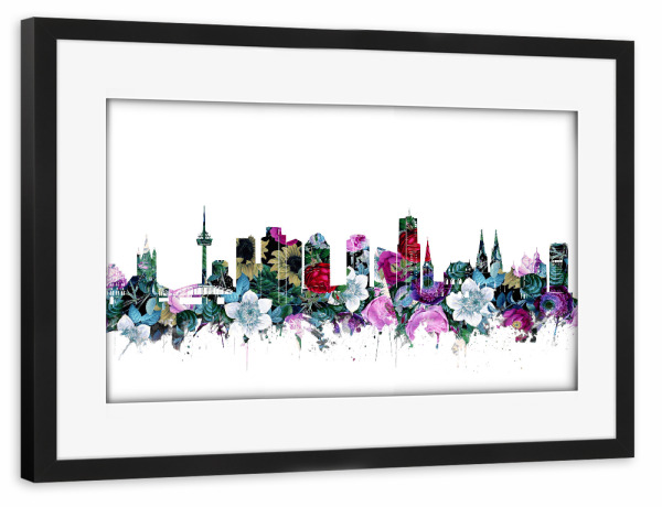 Poster mit Rahmen schwarz "Cologne city skyline floral" artboxONE - Städte,Städte / Köln,Reise,Floral,Architektur - Vintage,Germany,Cologne,Flowers
