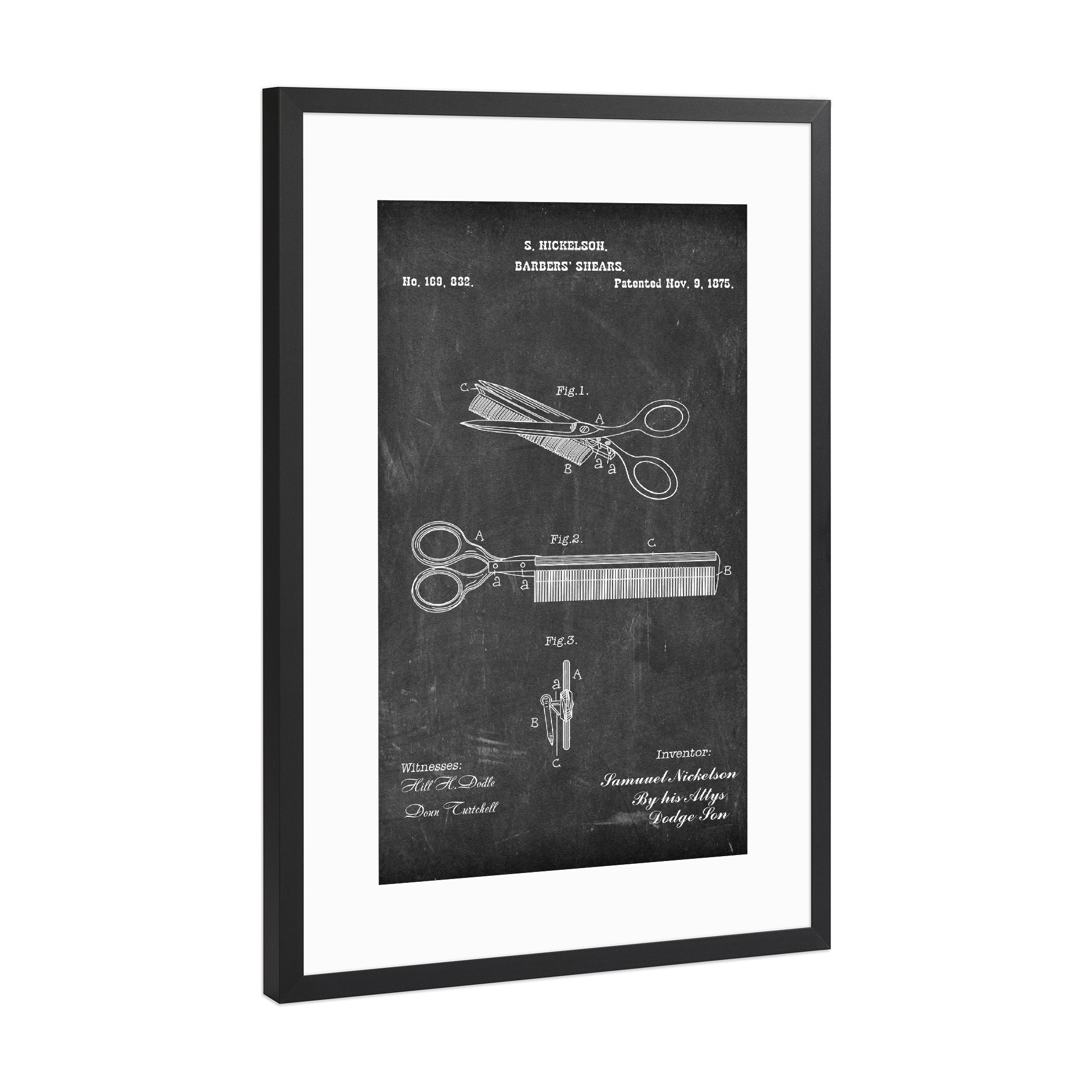 Poster mit Rahmen Schwarz (Metallic) "Friseurschere Tafel" artboxONE - Schwarzweiß,Fashion - Friseur,Barber,Vintage,Haar,Scheere
